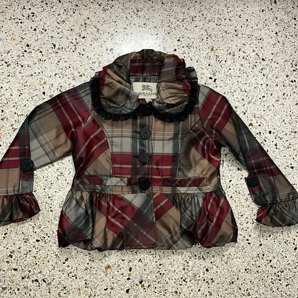 Burberry plaid jacket ruffle burgundy grey small s